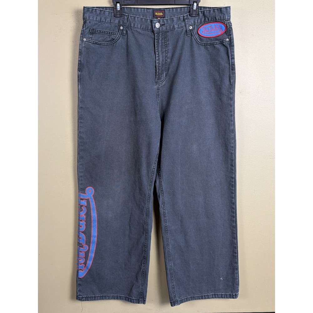 Von Dutch Men Wide Leg Skate Pant Canvas Baggy Y2K 36x30 Gray Moonless Night